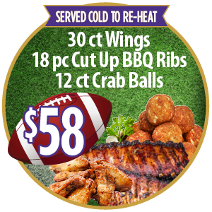 30 Count Wings - 18 piece Cut Up BBQ Ribs - Dozen Crab Balls for $58