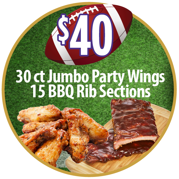 30 ct Jumbo Party Wings - 15 BBQ Rib Sections - $40